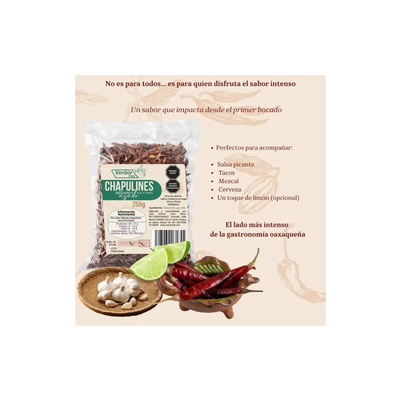 Chapulines Con Ajo Y Chile Oaxaqueños Medianos Verdor Chili 250