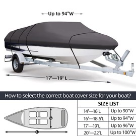 VINPATIO Boat Cover + Support Pole, 600D Solution-Dyed Polyester Heavy Duty Waterproof Marine Grade Trailerable Boat Covers Fits V-Hull Runabout Fishing Boat Bass Boat (17'-19'L, 96" W)