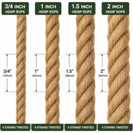 Natural Hemp Rope - 2 Inch x 50 Feet - Heavy Duty Jute Rope Manila Ropes for Docks, Nautical, Railings, Tug of War, Decorating