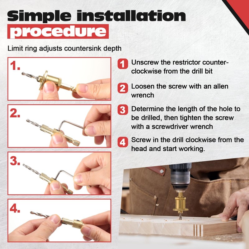 eROOSY 5 x Countersink Drill Bits with Depth Stop, 8