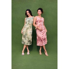 CIDER Womens Dresses Floral Dress Sleeveless Scoop Neck Ruched Midi Dress: Green, XL