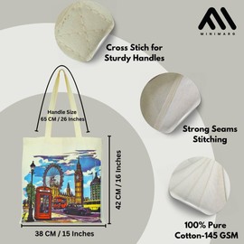 MINIMARG Printed100% Cotton Canvas Tote Bags for gift, Present, Student, Teacher, Bride, Souvenir, eco-friendly Reusable Tote Bags -Size 38x42cm+65cm long Handle (London Art)
