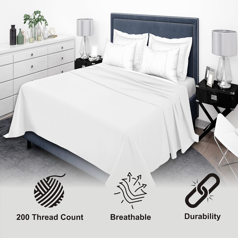 100% Egyption Cotton 200 Thread Count Flat Sheets (White, Double)