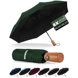 Yoobure Windproof Travel Umbrella with Wood Handle, Automatic Umbrellas for Rain & UV Sun Protection, Compact 46" Large Canopy, Lightweight Backpack Portable for Walking & Outdoor