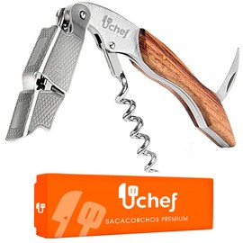 U Chef Sacacorchos de madera premium, destapador/destapa corchos multifuncional de acero inoxidable con palisandro, Perfecto para destapar botellas de vino, cervezas y refrescos