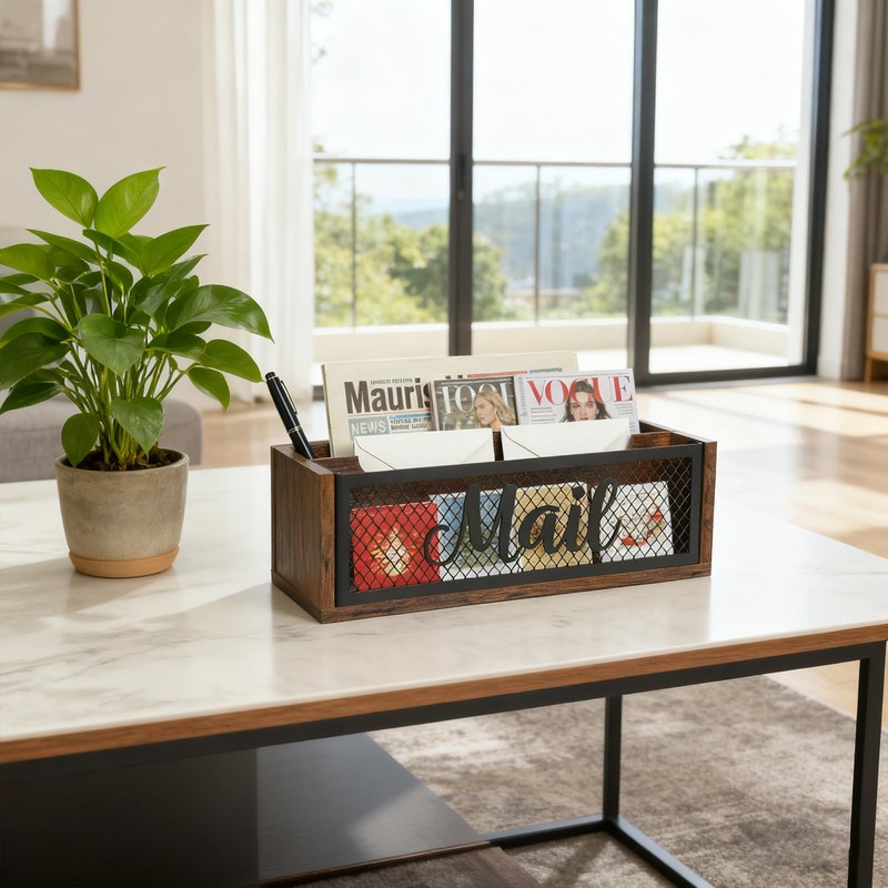 Mail Organizer Countertop, Rustic Farmhouse 2-Slot Wood & Iron Mail
