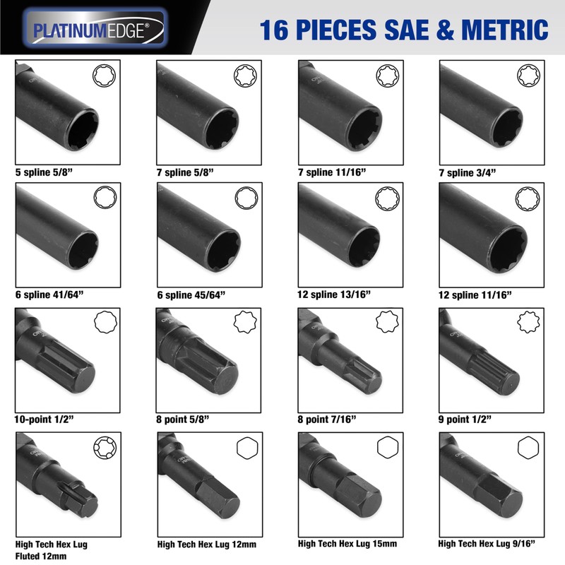 PlatinumEdge Lug Nut Key Set, 16 Pieces SAE & Metric