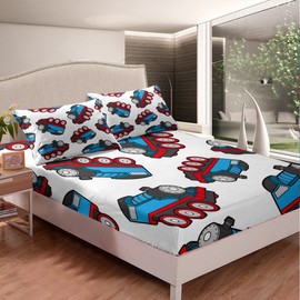 Train Bed Sheets Set Kids Cartoon Car Sheet Set Boys Girls Train Travel Decor Sheets with Deep Pocket Fitted Sheet Microfiber Train Construction Red Blue Bedding Set Bedroom Full Size