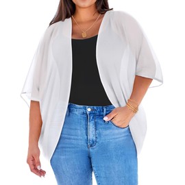 Plus Size Kimonos for Women Swimsuit Cover Ups Casual Loose Cardigan Summer Tops Swimwear (White,2XL)
