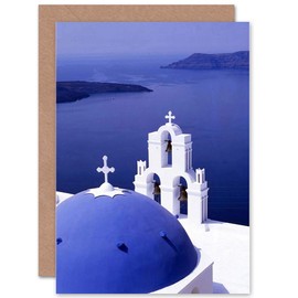 SANTORINI CHURCH BLUE DOMED ROOF GREECE HOME BLANK GREETINGS CARD