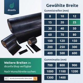 diconfa Rubber Strip Width 25 mm (2.5 cm) – Choice of – Thickness: 1 to 5 mm – Length: 0.05 to 10 m – Selection: 200 mm (20 cm) Long, 1 mm Thick – Rubber Mat Sold by the Metre Narrow Rubber Underlay