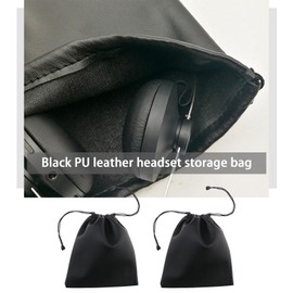 ECSiNG 2PCS Headphone Storage Bag Headset Drawstring Pouch PU Leather Earphone Carrying Bag Waterproof Lightweight Protective Case 22x20cm Black