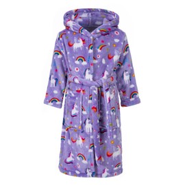 Lodunsyr Children's Bathrobe with Hood for Boys Girls Bathrobes Dressing Gown Cuddly Warm and Soft Pyjamas Toddler Coral Fleece Hoodie Robes 2-9 Years, Purple Unicorn Bathrobes