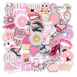 Girl's Pink Aesthetic Stickers - Waterproof Cute Stickers 50 PCS for Water Bottle, Laptop, Phone - Teens & Kids