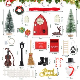Roselee Gnome Door Set, 28 Pieces Gnome Door Accessories Christmas Set, Nissedor Miniature Luminous Christmas Gnome Door Decoration with Christmas Tree, Boots, Fiddle, Fence, Reindeer for Fairy Door,