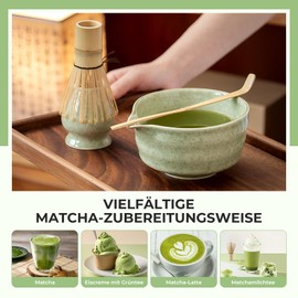 5-teiliges Matcha Set Besteht aus Matcha Besen, Matcha Bowl mit Ausgießer, Matcha Löffel, Matchabesen Ständer und Matcha Filtersieb, Professionelles Matcha Tee Set für Einsteiger und Enthusiasten
