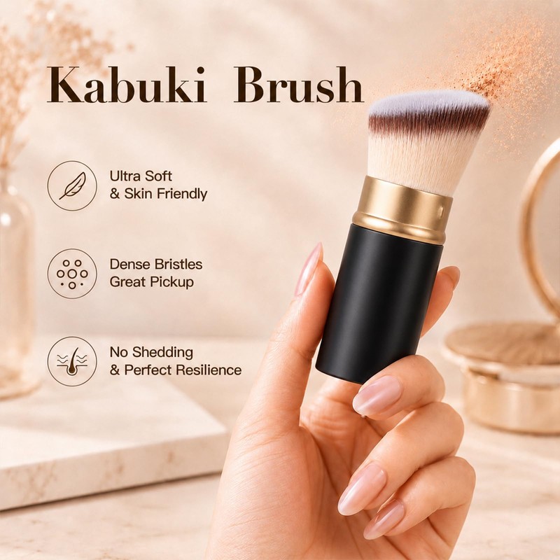 Retractable Angled Kabuki Makeup Brush - Vegan Adjustable Blush Tool