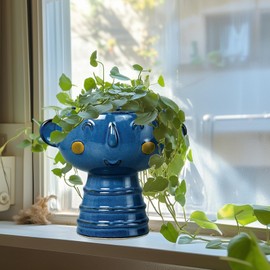 Fivepot Face Planter Pot Head 7 Inch - Cute Ceramic Head Planter for Indoor Plants Outdoor Unique Flower Pot Succulent Pot with Drainage Hole Gift Ideas for Christmas Blue
