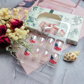 24Pcs Short Fake Nails Independence Day Chrome Press on Nails French Tip Acrylic False Nails with American Flag Aurora Design Glue on Nails Colorful Firework Artificial Nails for 4th of July Nails DIY