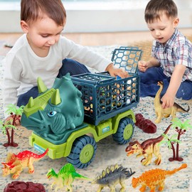 POPOYU Dinosaur Transport Truck Playset Toy for Children Aged 3-8 Years, Triceratops Transport Car Transporter with 8 Dinosaur Figures, Dinosaur Toy for Children