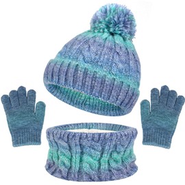 Mayoii Kids Hat Scarf Gloves Set – 3-in-1 Winter Knitted Hat Scarf and Gloves Set for Kids with Pom Pom Beanie, Neck Warmer & Mittens for Boys Girls Aged 3–10 (Gradient blue green)
