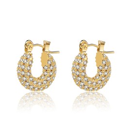 Gold Chunky Hoop Earrings, Gold Plated Small Lightweight Cubic Zirconia Hoop Earrings for Women, 15mm