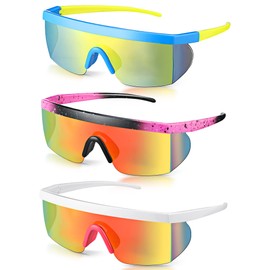 Fabbay 3 Pair Neon Retro Mirrored Sunglasses 80s 90s Semi Rimless Colored Lens Sunglasses for Sport Men Women (Bright Colors)