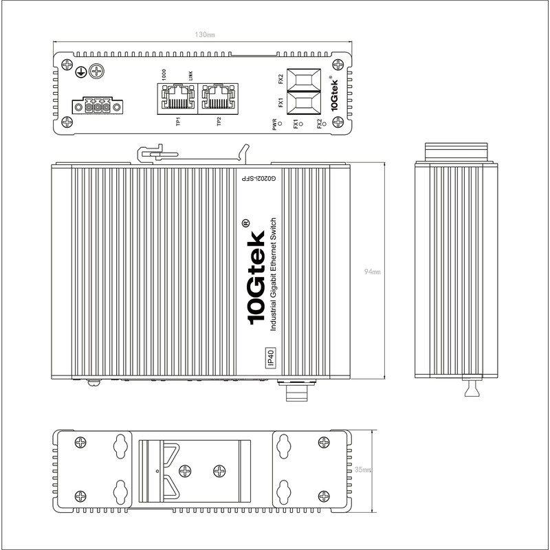 10Gtek 4-Port Industrial DIN-Rail Ethernet Switch DIN Rail, IP40, 2