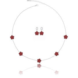 Qinpan Gold Plated Five Leaf Clover Necklace Bracelet and Dangle Earrings Set for Women Lucky Flower Jewelry (Burgundy-White Gold Plated)