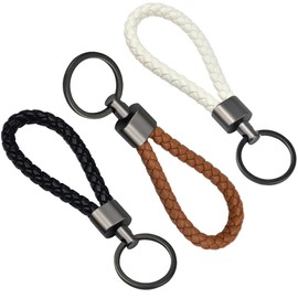 VCRANONR Pack of 3 Key Ring Lanyard Leather Braided Leather Key Ring Zinc Alloy Car Key Ring Multifunctional Motorcycle Office Car Key Ring for Men and Women, Black, Brown, White