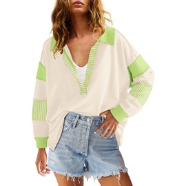 ReachMe Womens Oversized Striped Sweatshirts V Neck Loose Fit Tunic Colorblock Polo Shirts Patchwork Pullover Tops(Beige&Green,L)