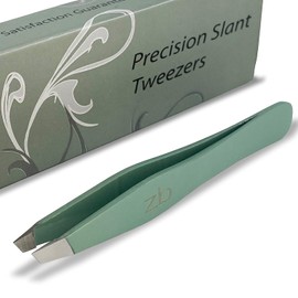 Pinzas – Acero inoxidable de grado quirúrgico – Punta inclinada para moldear cejas expertas y depilación facial – con bolsa protectora (salvia)