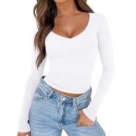 REORIA Long Sleeve Shirts for Women 2024 V Neck Fall Basics Comfy Layering Slim Tight Tops Fashion Trendy Going Out Tops(White X-Large)