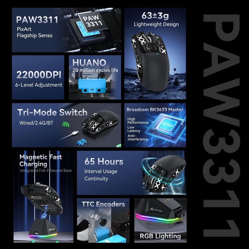 ATTACK SHARK X11 Ultra-Light Triple Mode Gaming Mouse PAW3311 Optical