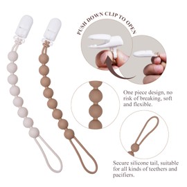 One Piece Design Silicone Pacifier Clip Holder for Baby Boys and Girls,Flexible Pacifier Leashes,Soft Teether Clip for Newborns,4-Pack. (Brown)