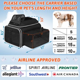 Petskd Top and Side Expandable Pet Carrier 17x12x8.5 Inches JetBlue Frontier Spirit Airline Approved, Soft-Sided Carrier for Small Cats and Dogs with Locking Safety Zipper and Anti-Scratch Mesh(Black)
