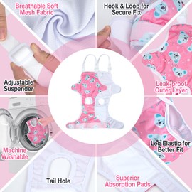 Docuwee Dog Diapers Sanitary Panties with Adjustable Suspender, 3 Pack Washable Dog Period Diapers, Reusable Doggie Underwear for Puppy in Heat (Lion Koala Monkey, Large)