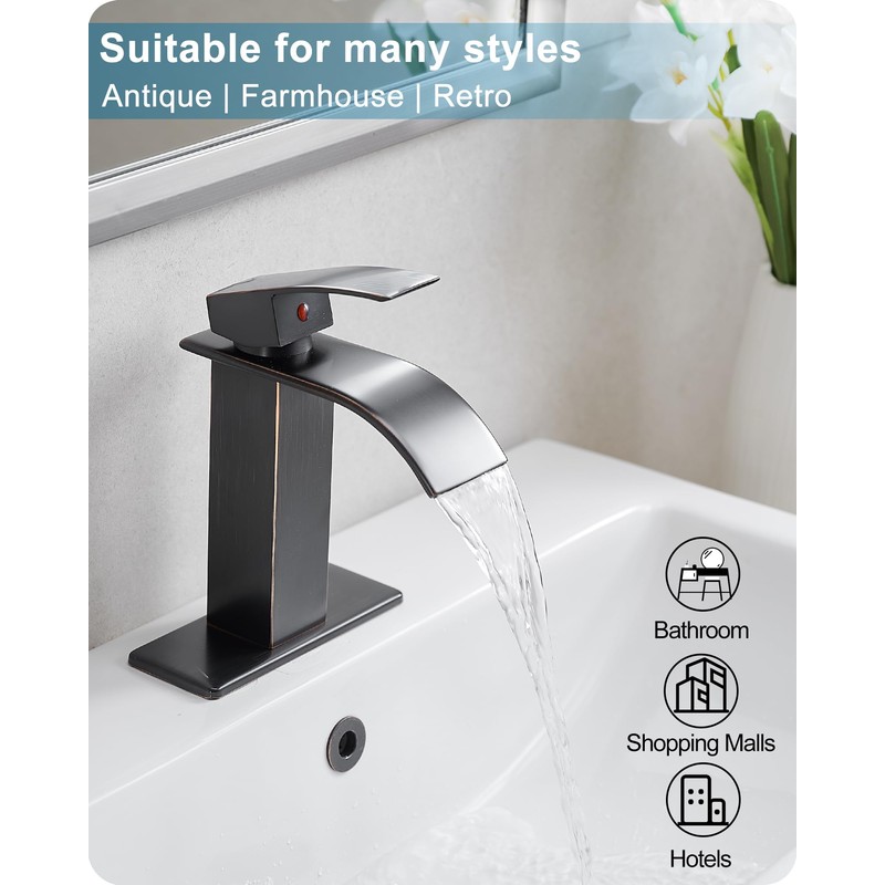 HOIGY Waterfall Bathroom Faucet Oil Rubbed Bronze, Brass 4 Ins