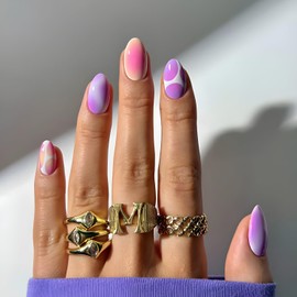 Colorful Press on Nails Short Fake Nails Almond False Nails Colorful Gradient Nails Press Ons Glossy Full Cover Glue on Nail for Women and Girls DIY Stick on Nail Decoration Set 24Pcs