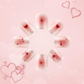 Valentine’s Day Press on Nails Short Square Fake Nails with Red Heart Designs Glitter Nails Press ons Glossy Glue on Nails Cute False Nails Pink Gradient Stick on Nails for Women 24Pcs