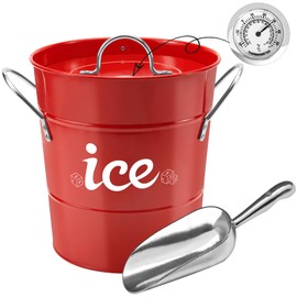 Metal Double Wall Ice Bucket with Thermometer, Wine Chiller Bucket with Lid & Scoop - for Champagne, Wine, Cocktails and Parties, Large Insulated Ice Holder - Perfect for Home & Outdoor Use,Red