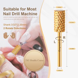 Cnynail 3/32" Large Barrel Flat Top Tungsten Carbide Nail Drill Bit Safety Bit for Gel & Acrylic Removal, 2-Way Rotating Efile Tip, Salon Electric File Accessory (2XC Grit, Gold)