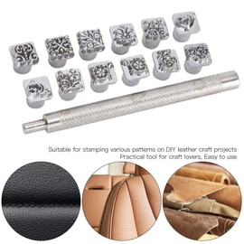 Yosugar Leather Stamp Punching Tools, 10 mm Metal Leather Punching Tools, 12 Pieces Botanical Leather Stamps, and 1 Piece Handle for Leather Embossing DIY Clay Leather Craft Printing