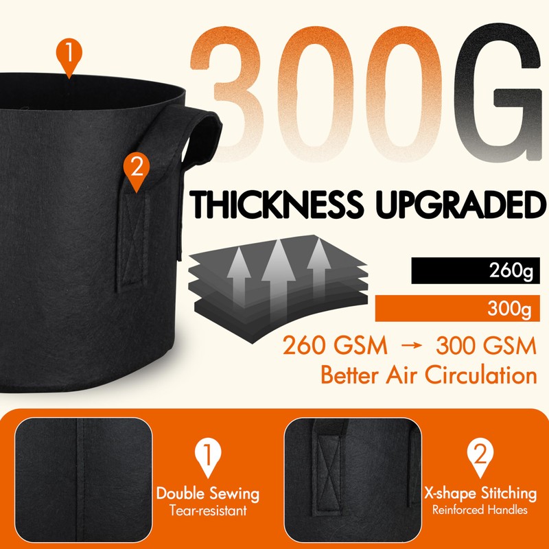 Gardzen 10-Pack 20 Gallon Grow Bags, 300G Thickened Fabric Grow