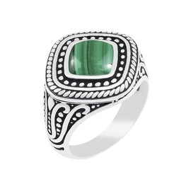 1.90ct, Genuine Malachite Cushion & .925 Silver Overlay Solitaire Ring Size-7