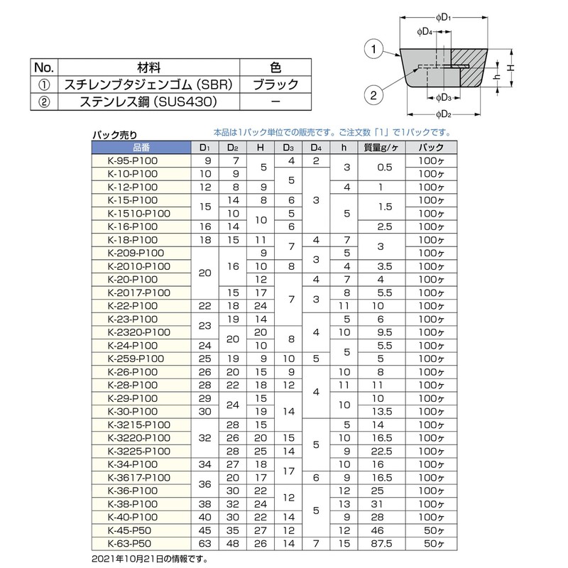 Sugatsune Industry (200038109) K-26-P100 Rubber Feet K26P100