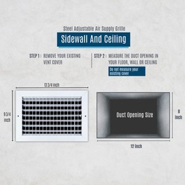 Fits 12x8 Duct Opening Steel Adjustable Air Supply Grille by Handua | Register Vent Cover Grill for Sidewall and Ceiling | White | Outer Dimensions: 13.75" X 9.75"