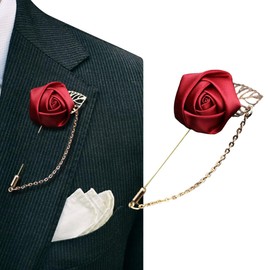 Wine Red Rose Flower with Gold Leaf Lapel Pin Brooch Handmade Cloth Flower Lapel Stick Floral Boutonniere Clothing Accessories for Men Women Suit Wedding Party