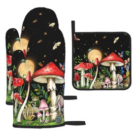 Cute Mushroom Oven Mitts and Pot Holders Sets of 3 Holiday Kitchen Decor Heat Resistant Witchy Hot Pads Oven Gloves for Cooking Grilling Baking