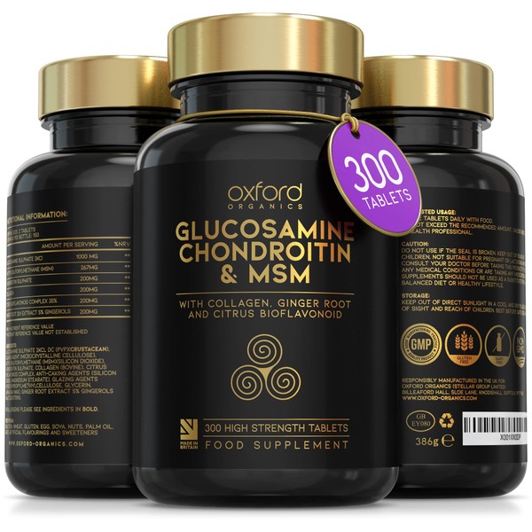 Glucosamine and Chondroitin MSM Tablets High Strength | 300 Glucosamine Sulphate Tablets - with Collagen, Citrus Bioflavonoid and Ginger Root Extract | Glucosamine Tablets Men and Women Made in the UK